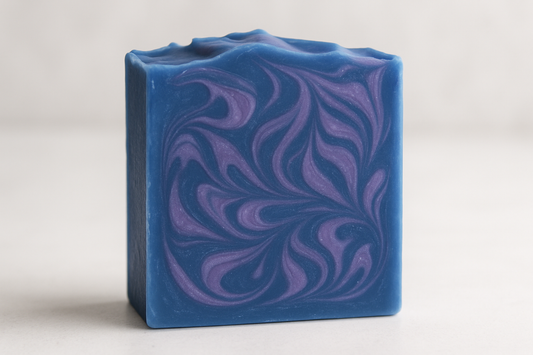 blue soap bar with purple swirls